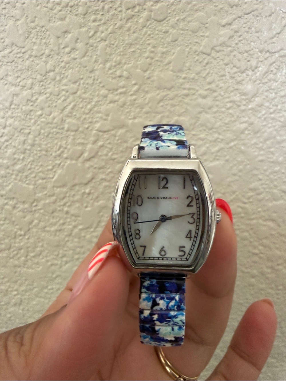 Isaac Mizrahi Silver-Tone Watch with Blue Floral Strap